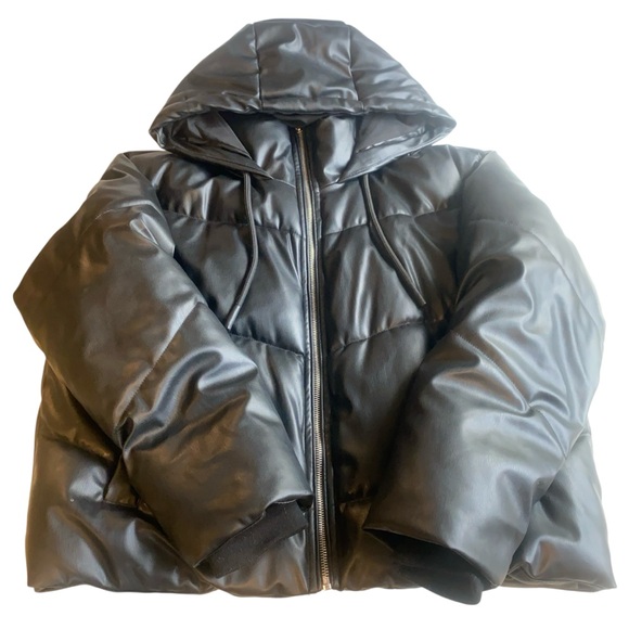 ZARA Faux Leather Puffer Jacket Black Hooded Zip Front Women’s Small - Picture 2 of 13